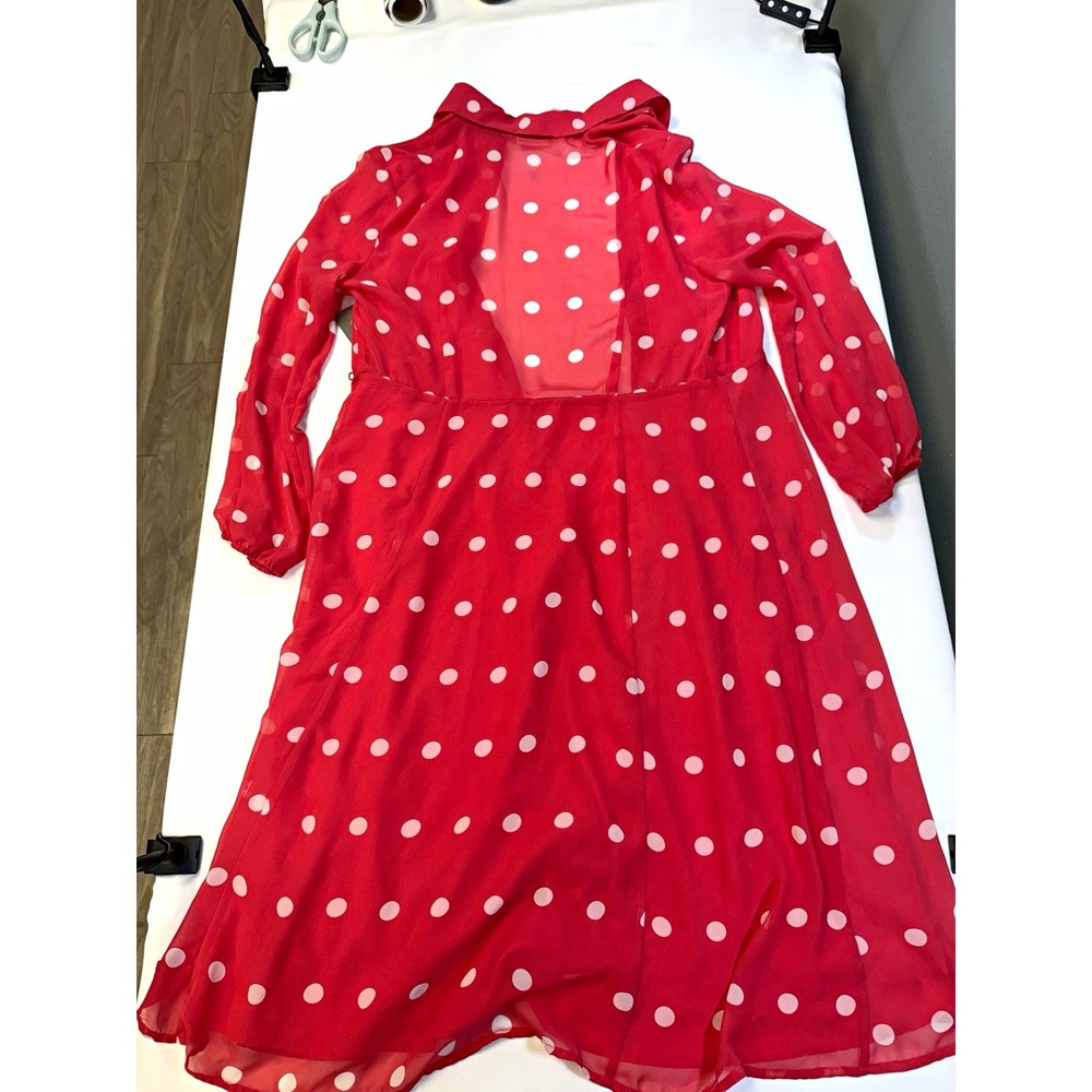 Eva Mendes Red/White Polka Dot Shirt Dress Long Sleeve Collared Midi 14 NWT